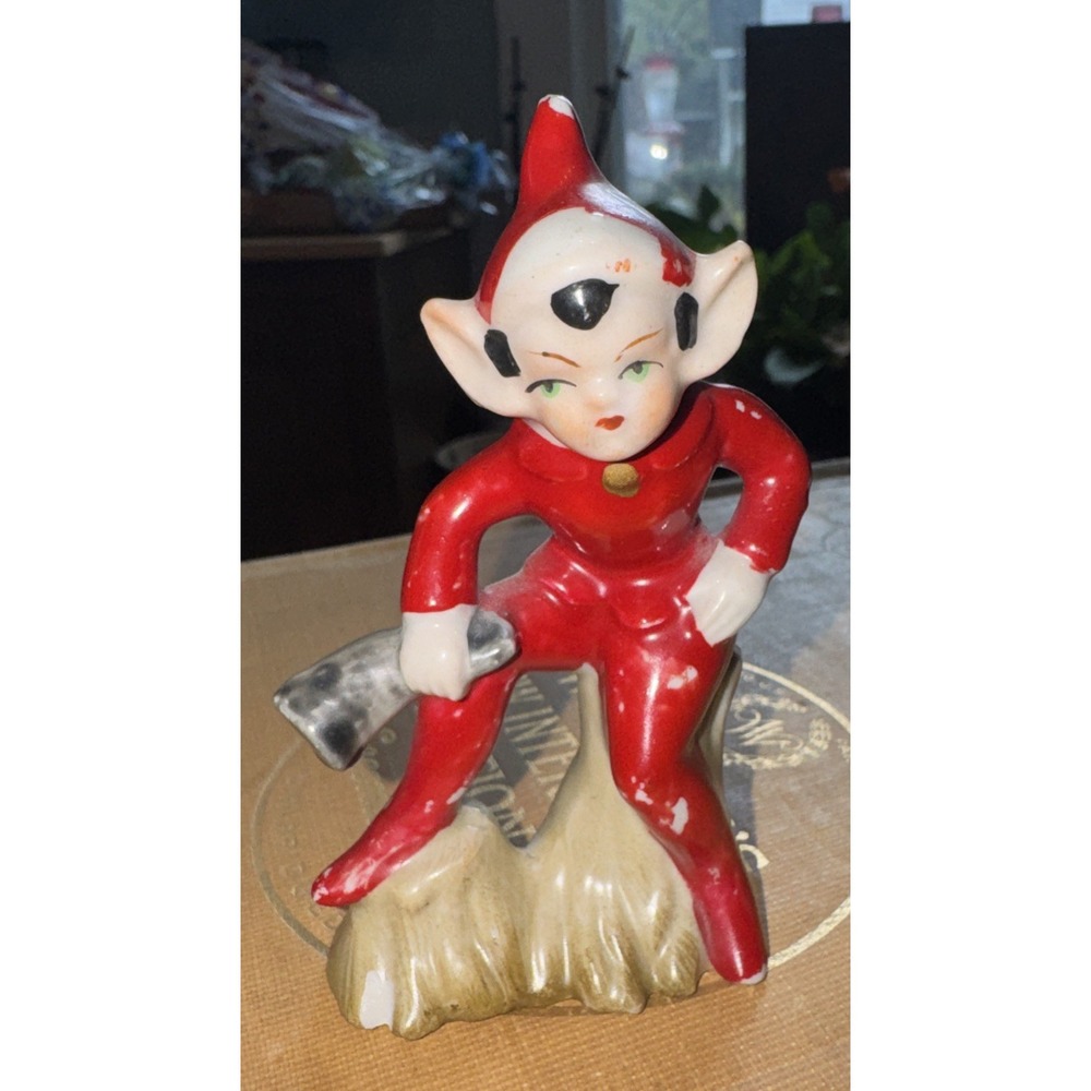 Vintage 1950's Japan Ceramic Pixie Elf Sitting on Log Stump Figurine Horn